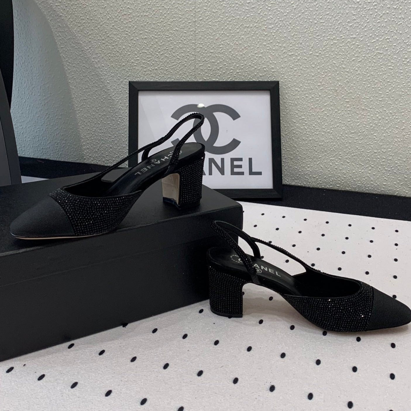 Double CC Rhinestone Slingback Sheepskin Black - 35