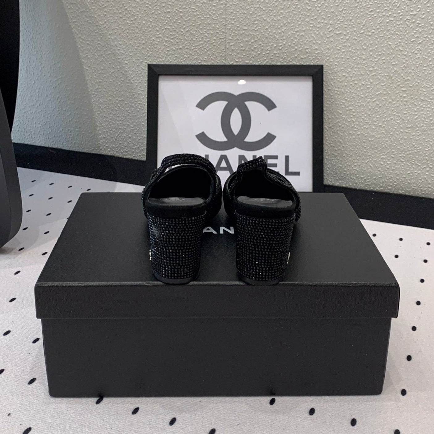 Double CC Rhinestone Slingback Sheepskin Black - 35