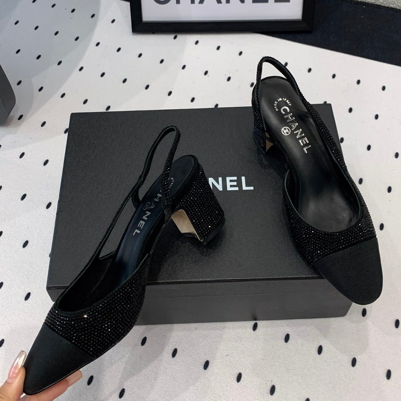 Double CC Rhinestone Slingback Sheepskin Black - 35
