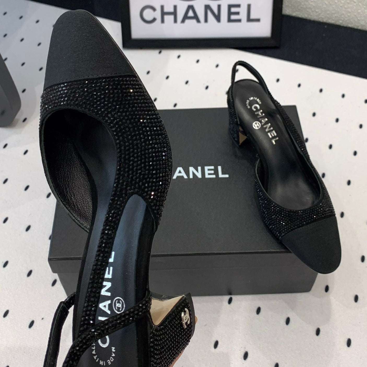 Double CC Rhinestone Slingback Sheepskin Black - 35