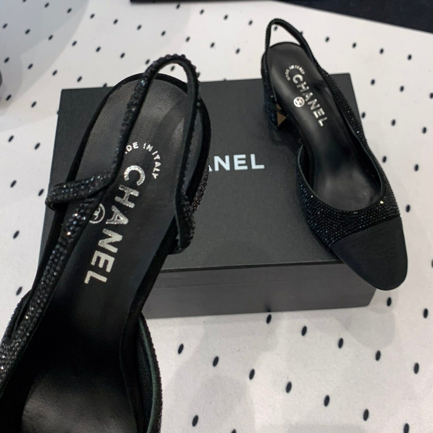 Double CC Rhinestone Slingback Sheepskin Black - 35