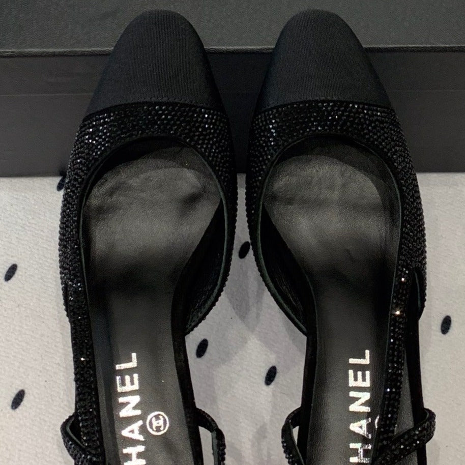 Double CC Rhinestone Slingback Sheepskin Black - 35