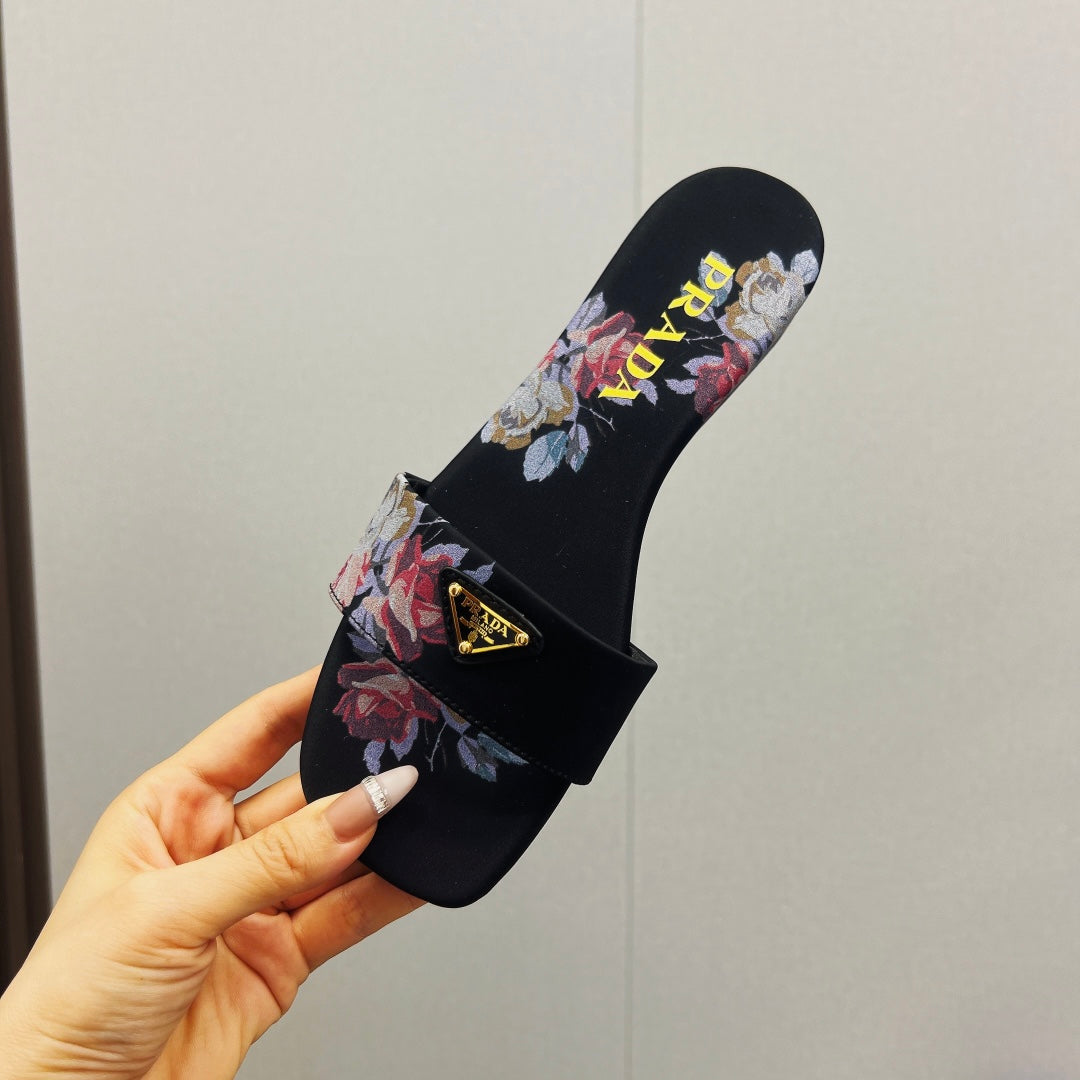 PRA PRINTED SLIDES SLIPPERS BLACK SATIN - 35
