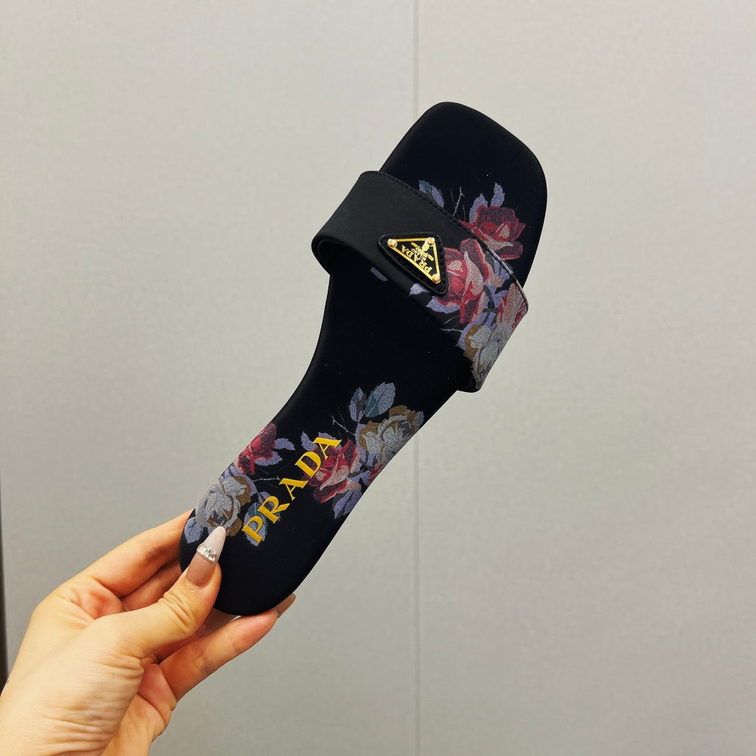 PRA PRINTED SLIDES SLIPPERS BLACK SATIN - 35