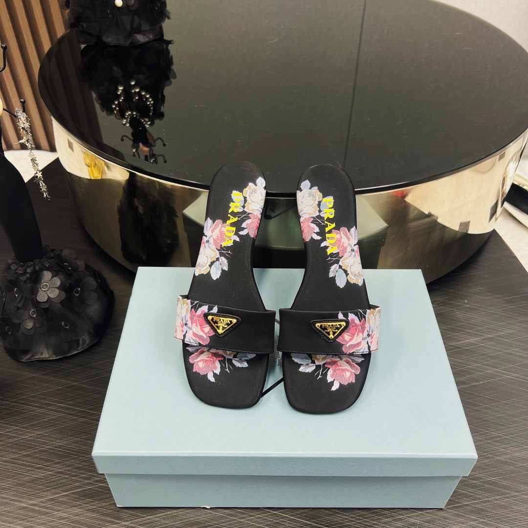 PRA PRINTED SLIDES SLIPPERS BLACK SATIN - 35