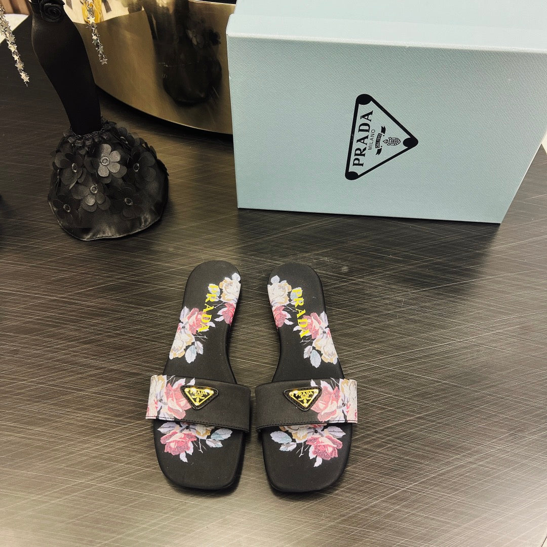 PRA PRINTED SLIDES SLIPPERS BLACK SATIN - 35