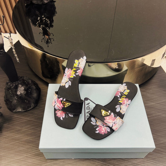 PRA PRINTED SLIDES SLIPPERS BLACK SATIN - 35