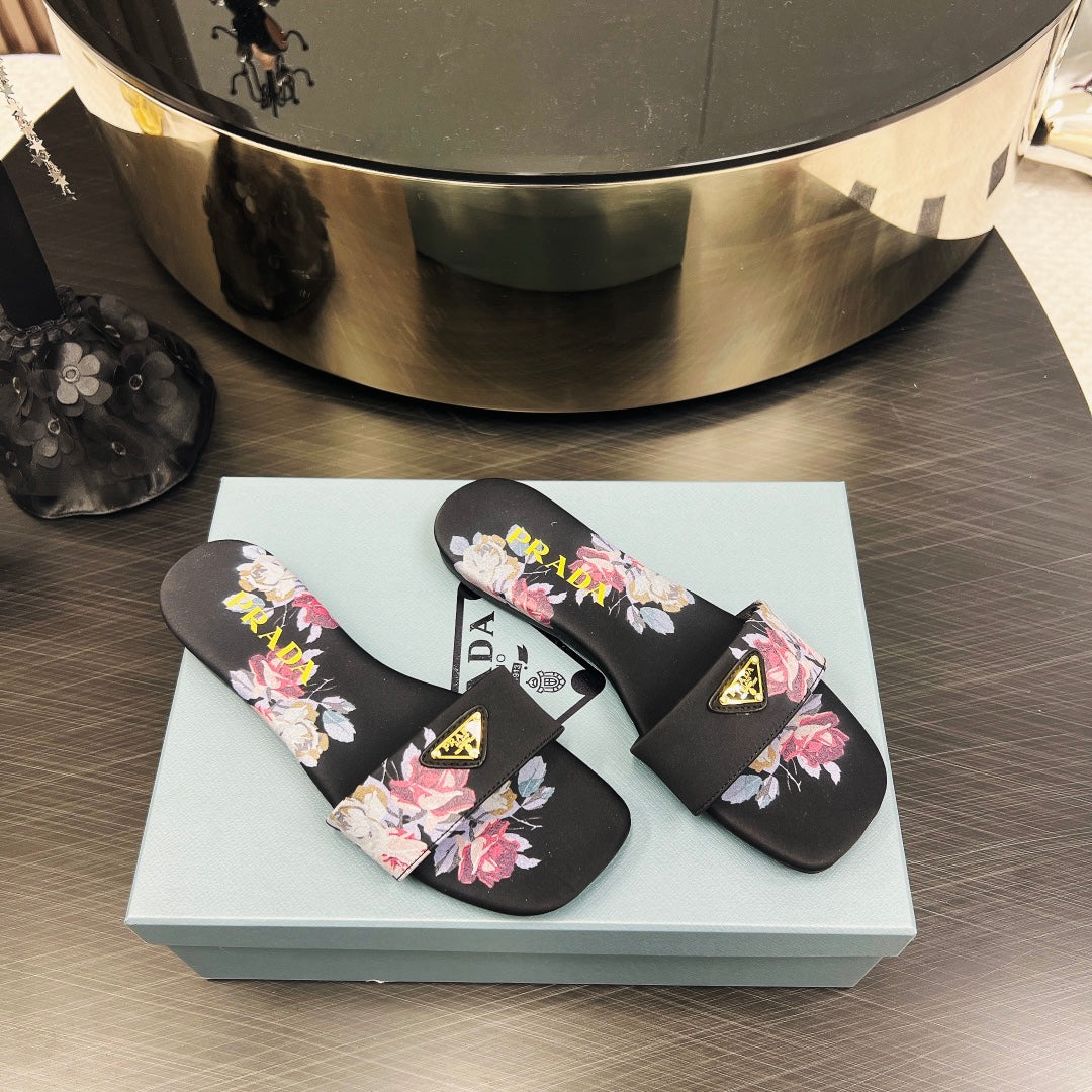 PRA PRINTED SLIDES SLIPPERS BLACK SATIN - 35