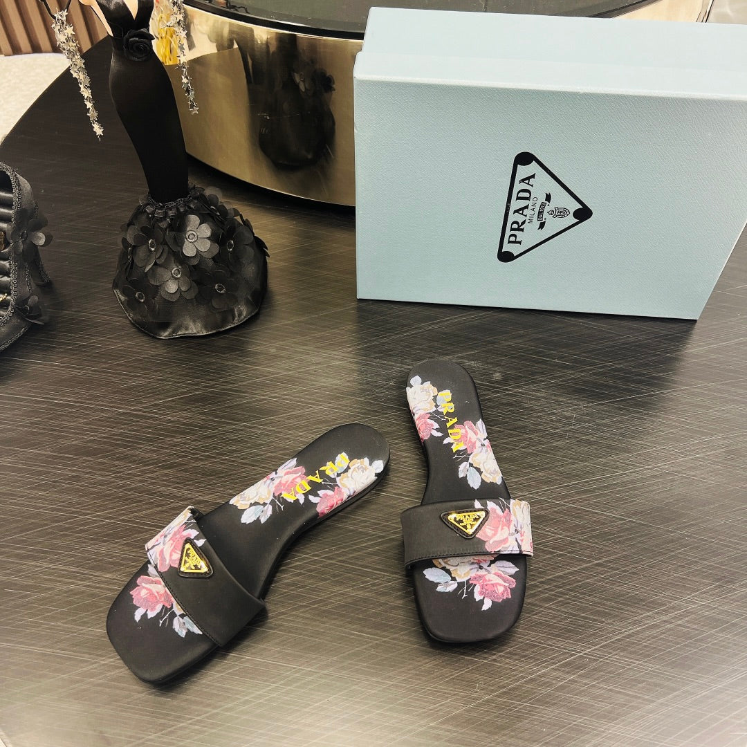 PRA PRINTED SLIDES SLIPPERS BLACK SATIN - 35