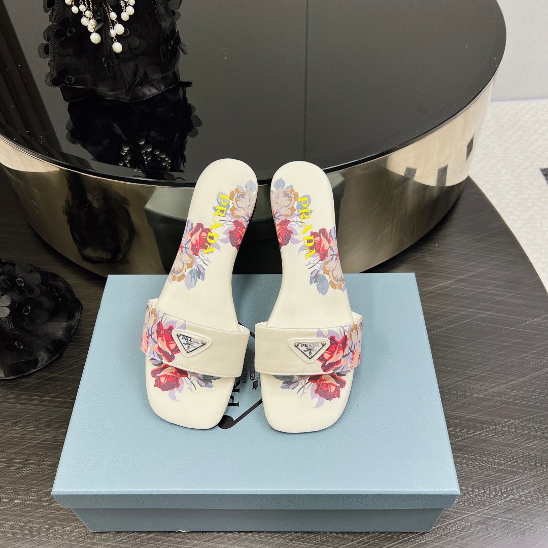 PRA PRINTED SLIDES SLIPPERS WHITE SATIN - 35