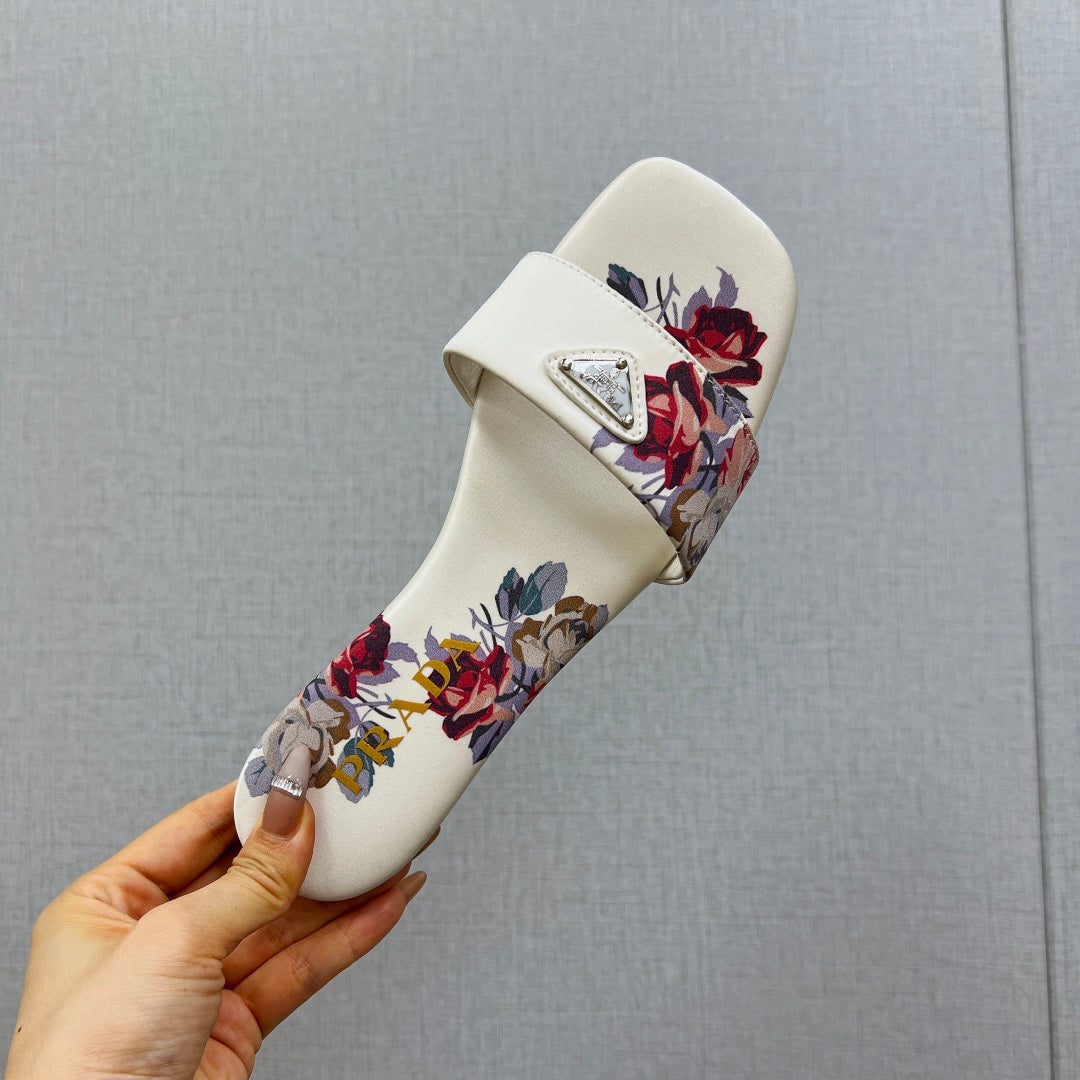 PRA PRINTED SLIDES SLIPPERS WHITE SATIN - 35