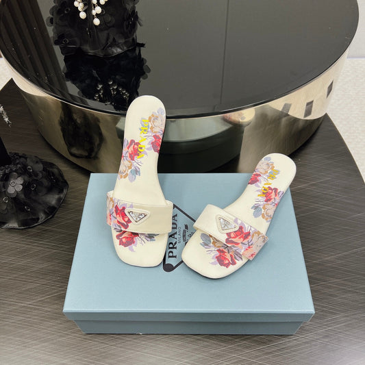 PRA PRINTED SLIDES SLIPPERS WHITE SATIN - 35