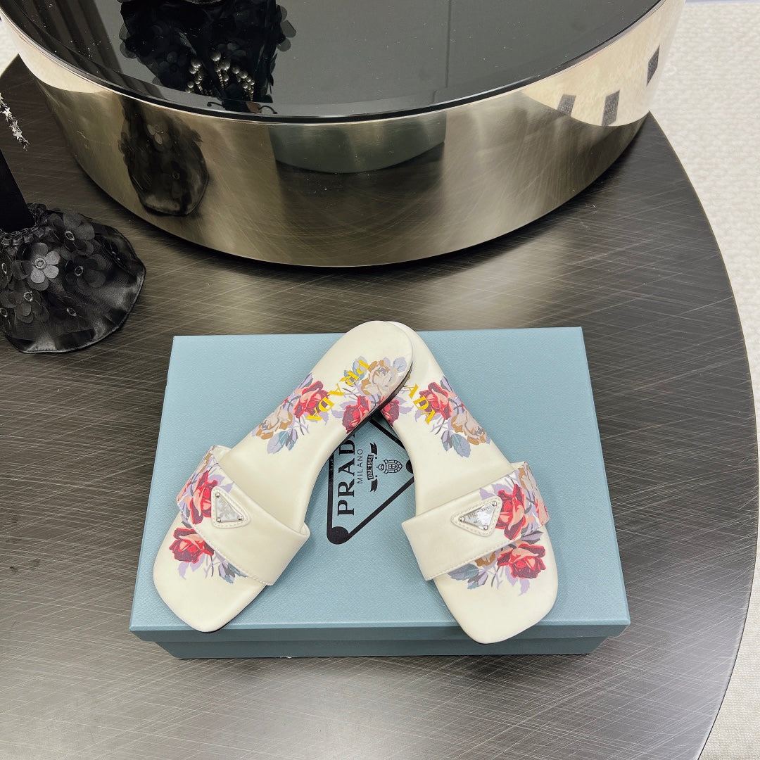 PRA PRINTED SLIDES SLIPPERS WHITE SATIN - 35