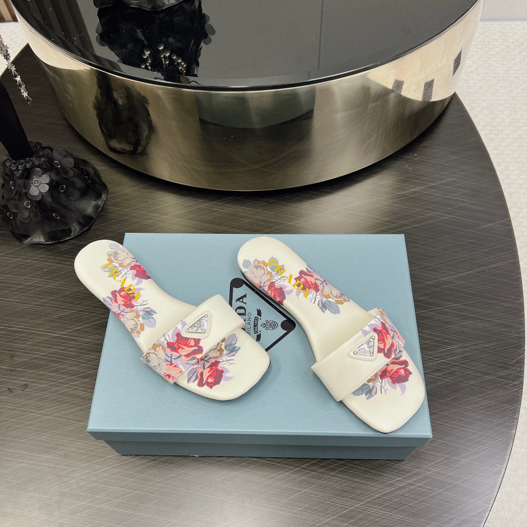 PRA PRINTED SLIDES SLIPPERS WHITE SATIN - 35