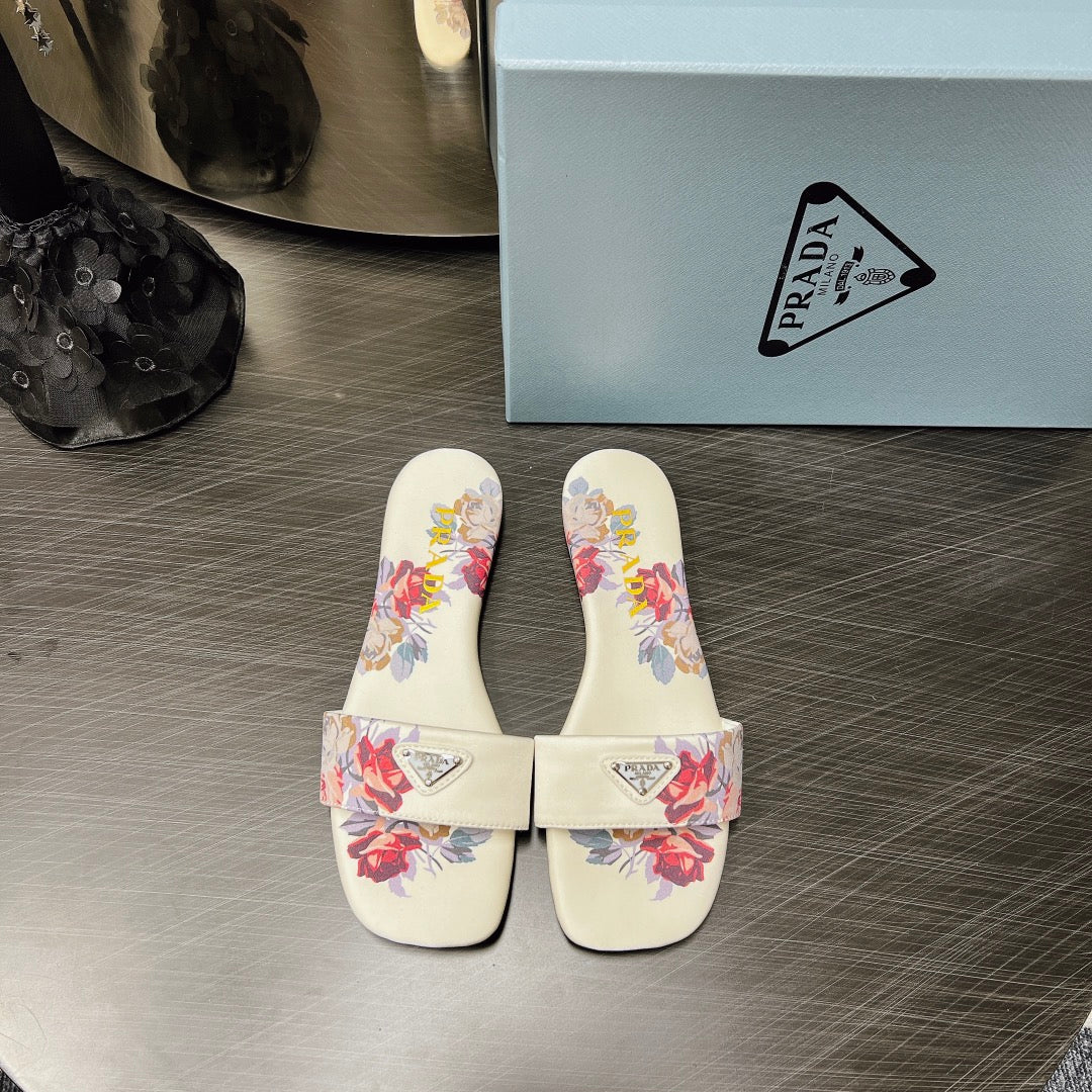 PRA PRINTED SLIDES SLIPPERS WHITE SATIN - 35