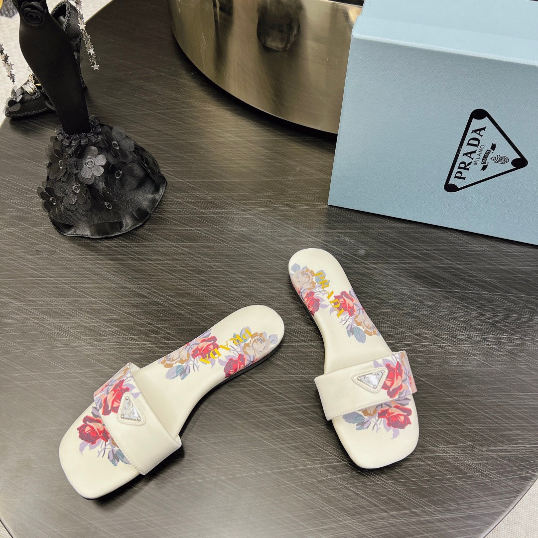 PRA PRINTED SLIDES SLIPPERS WHITE SATIN - 35