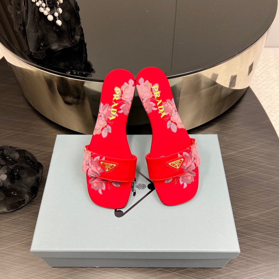 PRA PRINTED SLIDES SLIPPERS RED SATIN - 35