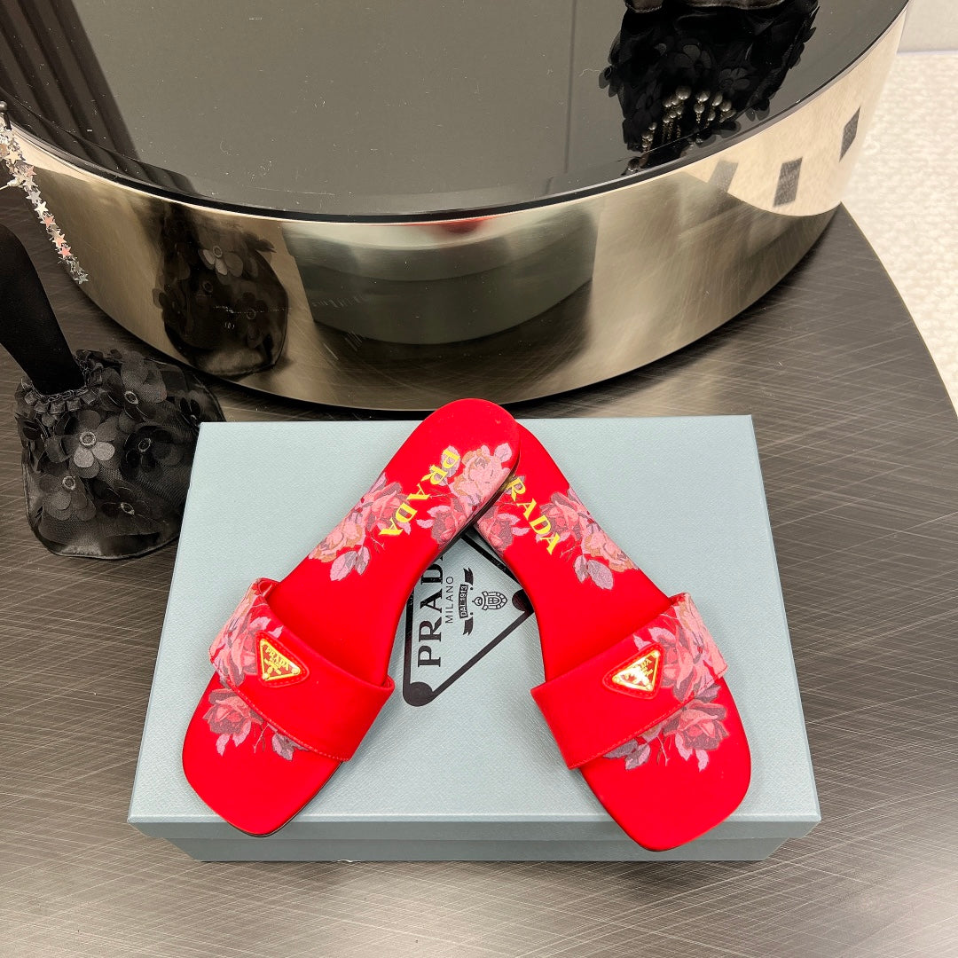 PRA PRINTED SLIDES SLIPPERS RED SATIN - 35