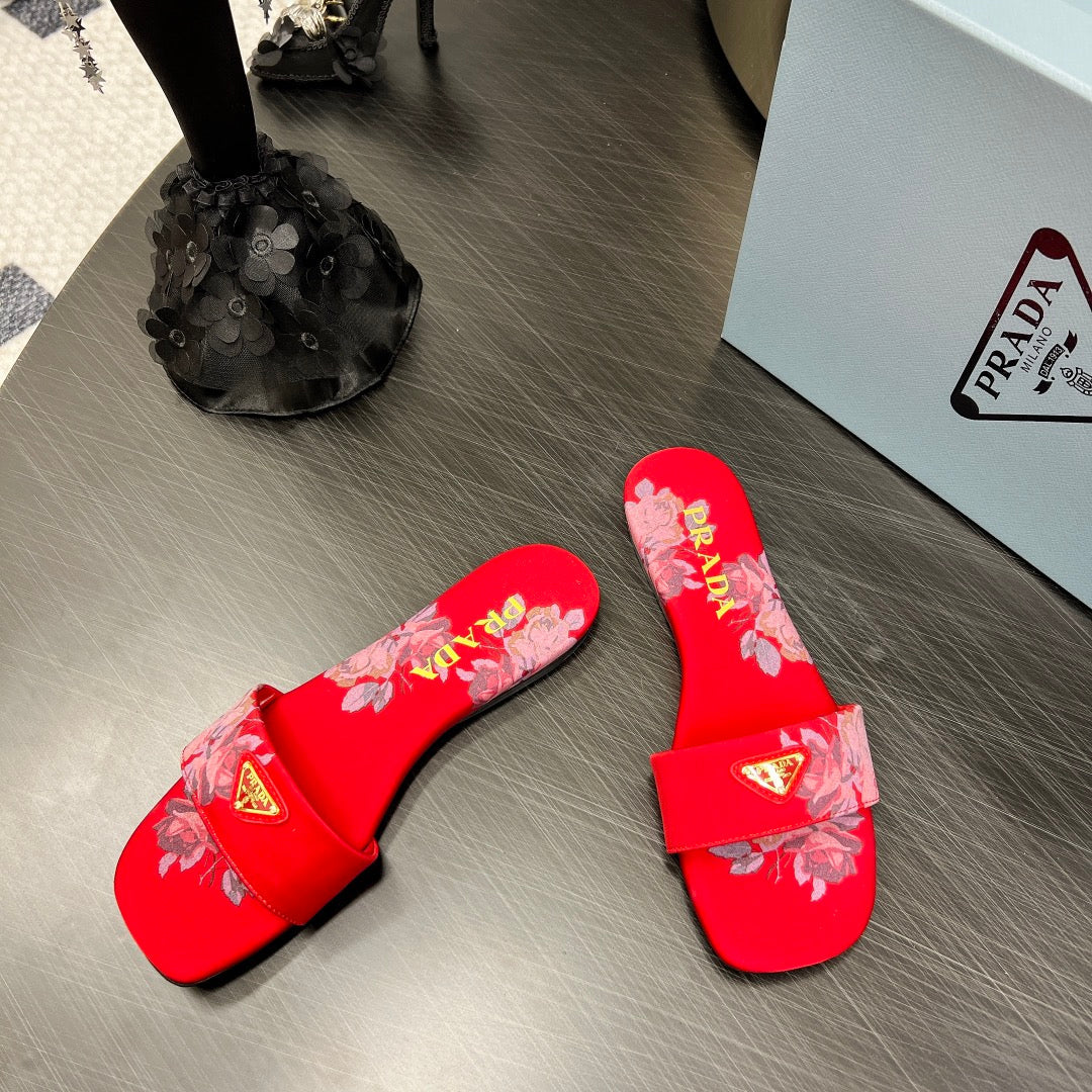 PRA PRINTED SLIDES SLIPPERS RED SATIN - 35
