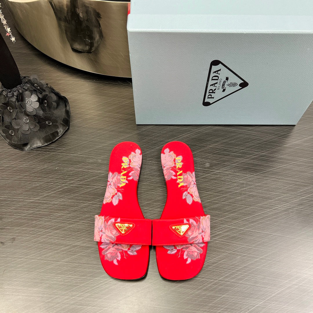 PRA PRINTED SLIDES SLIPPERS RED SATIN - 35