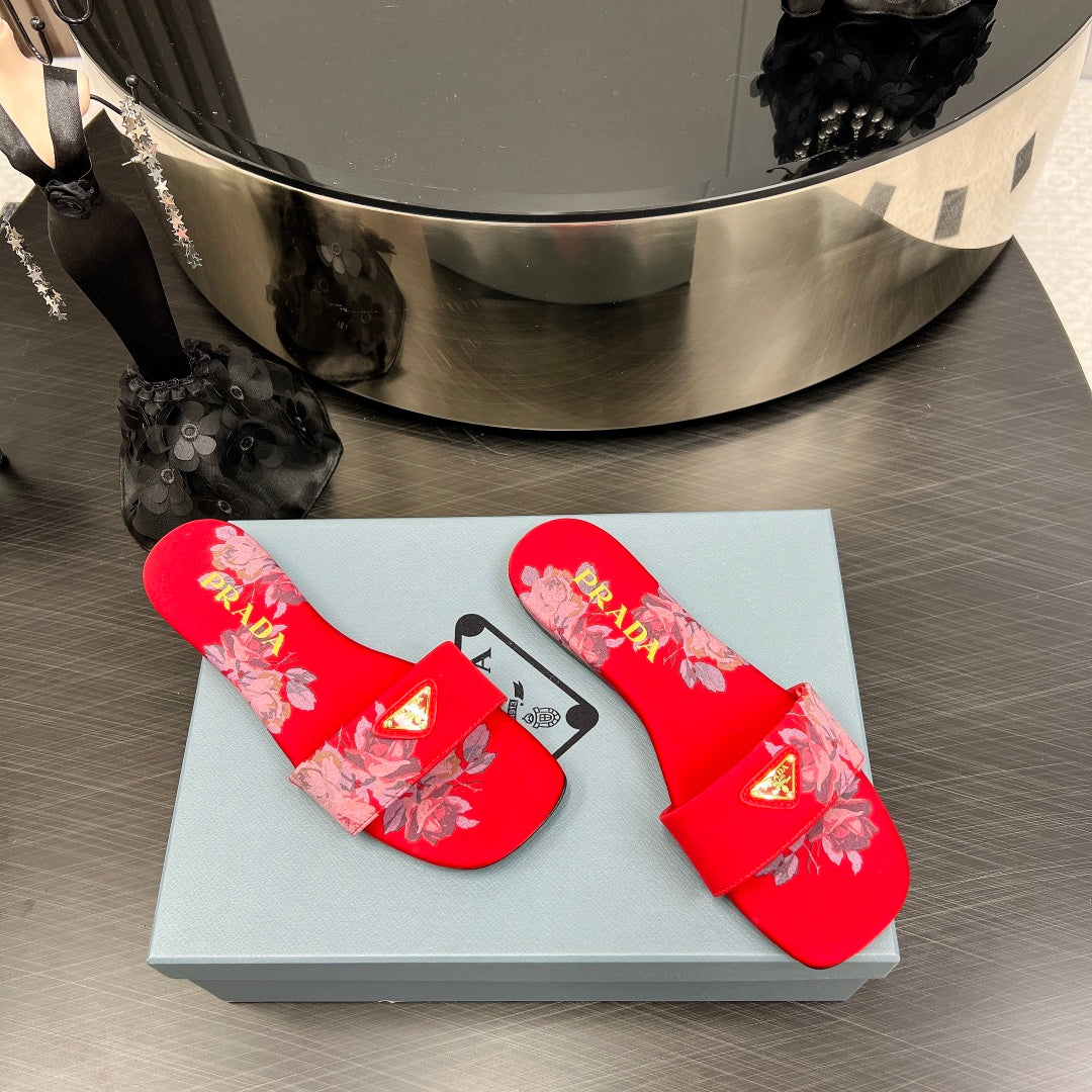 PRA PRINTED SLIDES SLIPPERS RED SATIN - 35