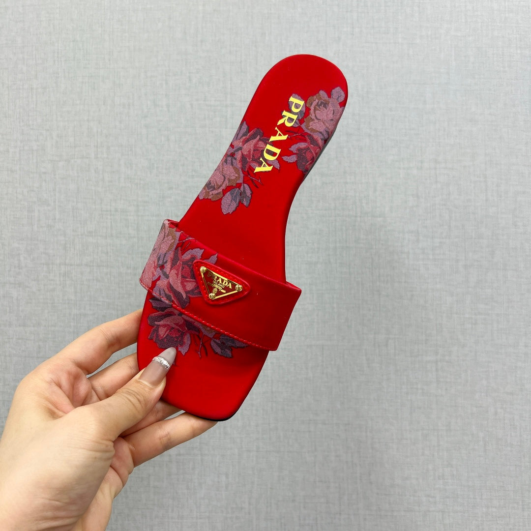 PRA PRINTED SLIDES SLIPPERS RED SATIN - 35