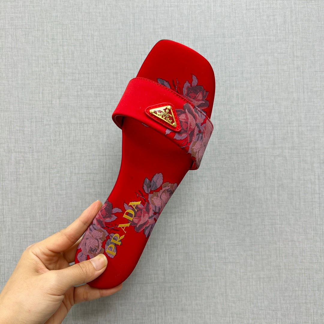 PRA PRINTED SLIDES SLIPPERS RED SATIN - 35