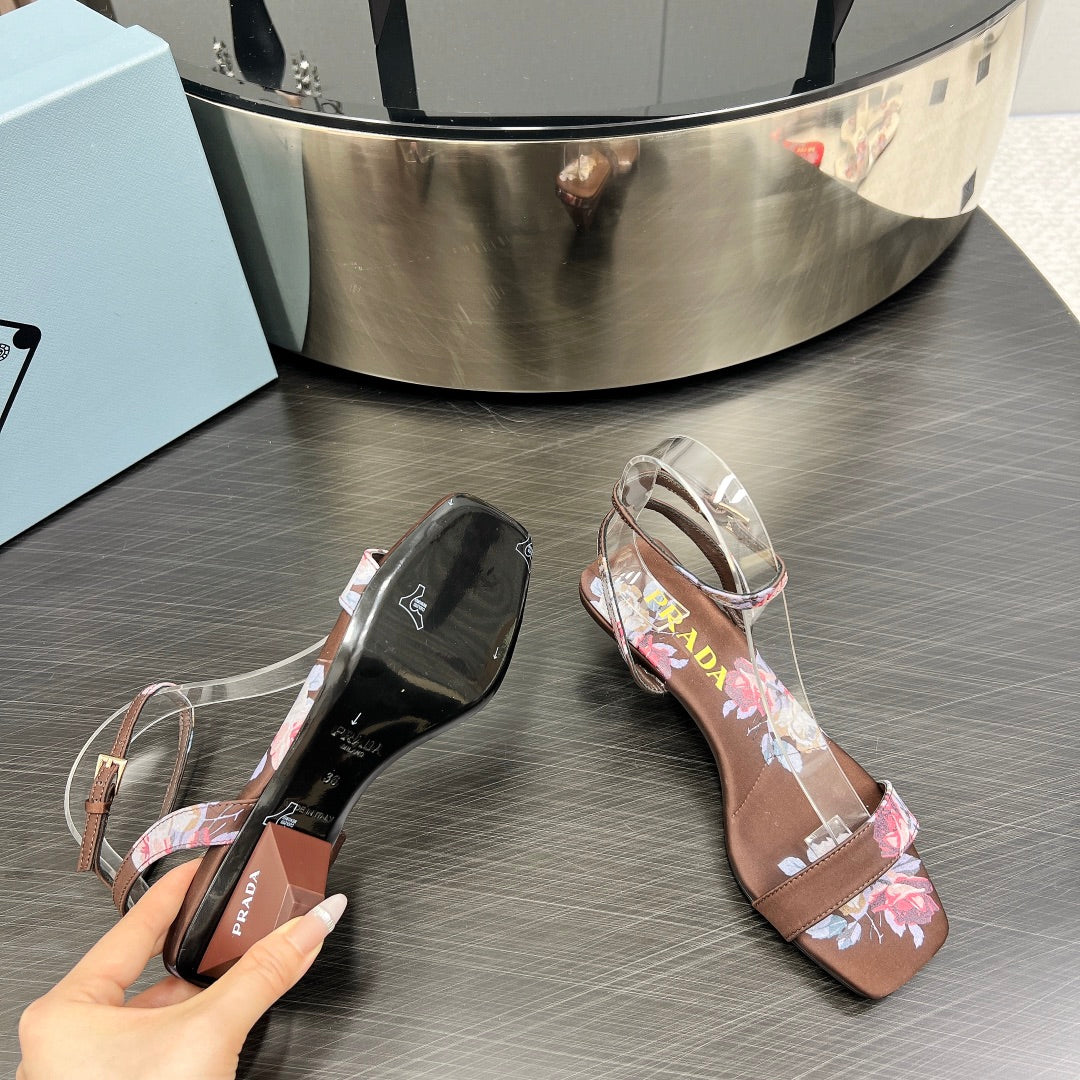 PRA TRIANGLE HEEL FLOWER MOTIF SATIN SANDALS CINNAMON - 35