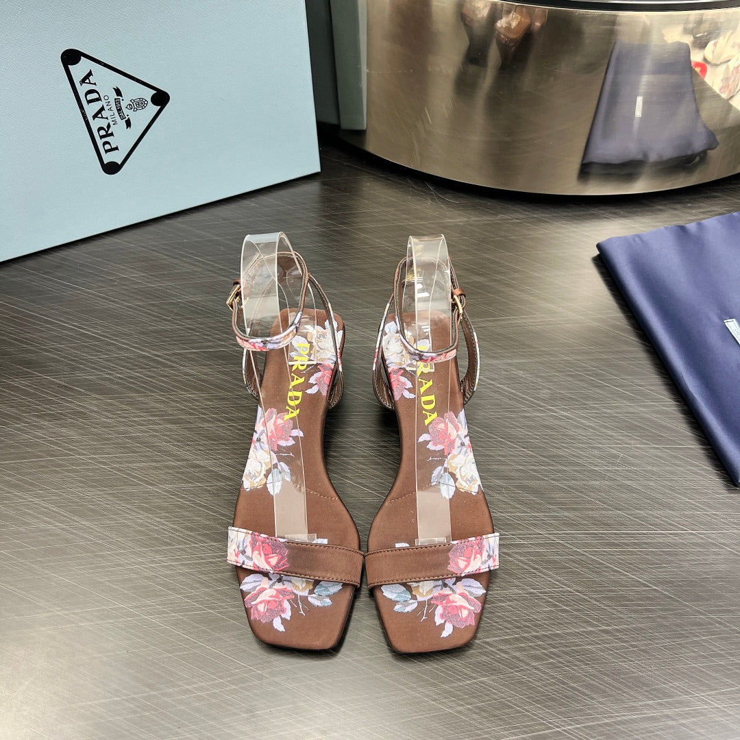 PRA TRIANGLE HEEL FLOWER MOTIF SATIN SANDALS CINNAMON - 35