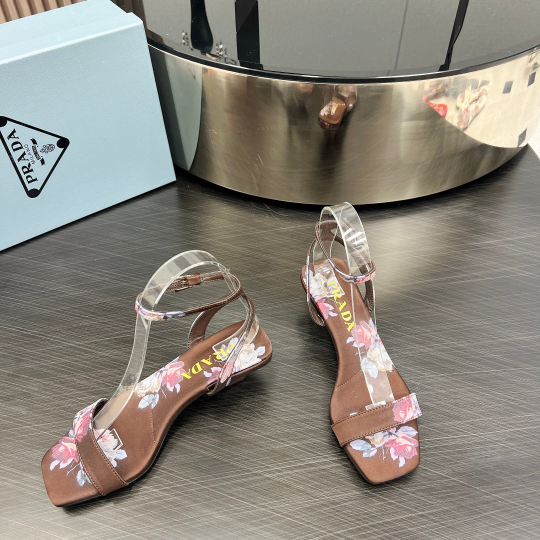 PRA TRIANGLE HEEL FLOWER MOTIF SATIN SANDALS CINNAMON - 35
