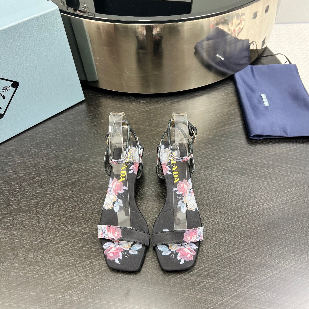PRA TRIANGLE HEEL FLOWER MOTIF SATIN SANDALS BLACK - 35