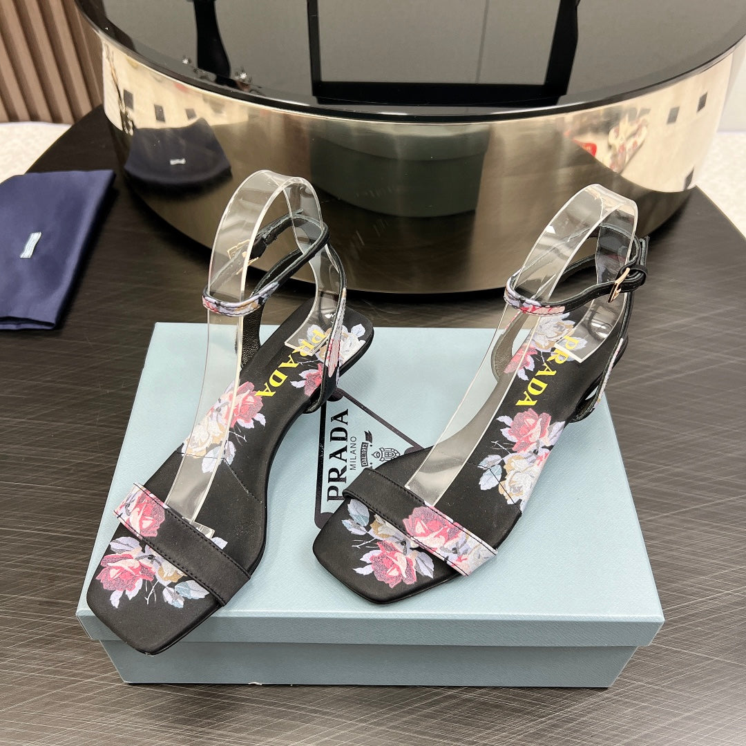 PRA TRIANGLE HEEL FLOWER MOTIF SATIN SANDALS BLACK - 35