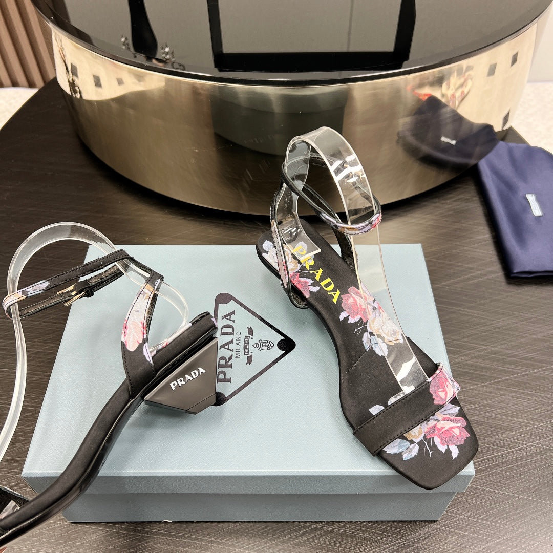 PRA TRIANGLE HEEL FLOWER MOTIF SATIN SANDALS BLACK - 35
