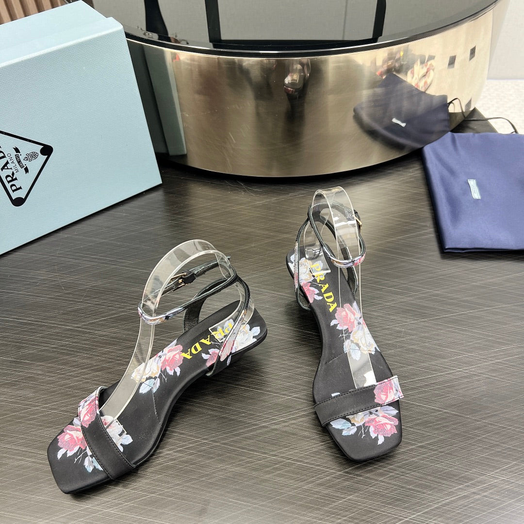 PRA TRIANGLE HEEL FLOWER MOTIF SATIN SANDALS BLACK - 35