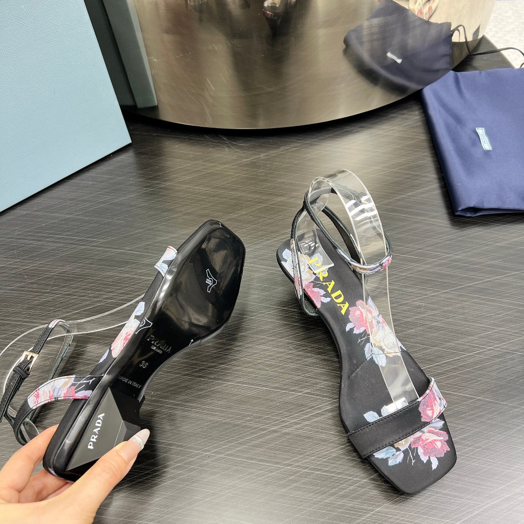 PRA TRIANGLE HEEL FLOWER MOTIF SATIN SANDALS BLACK - 35