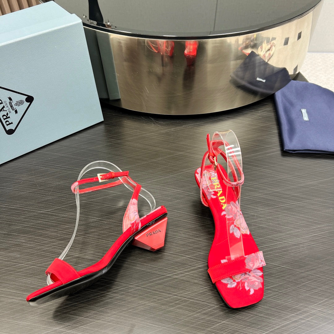 PRA TRIANGLE HEEL FLOWER MOTIF SATIN SANDALS RED - 35
