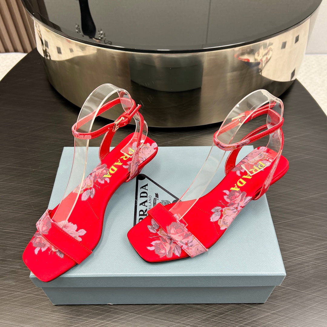PRA TRIANGLE HEEL FLOWER MOTIF SATIN SANDALS RED - 35