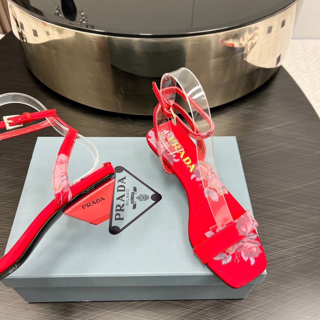 PRA TRIANGLE HEEL FLOWER MOTIF SATIN SANDALS RED - 35