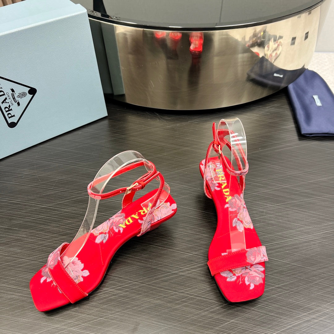 PRA TRIANGLE HEEL FLOWER MOTIF SATIN SANDALS RED - 35
