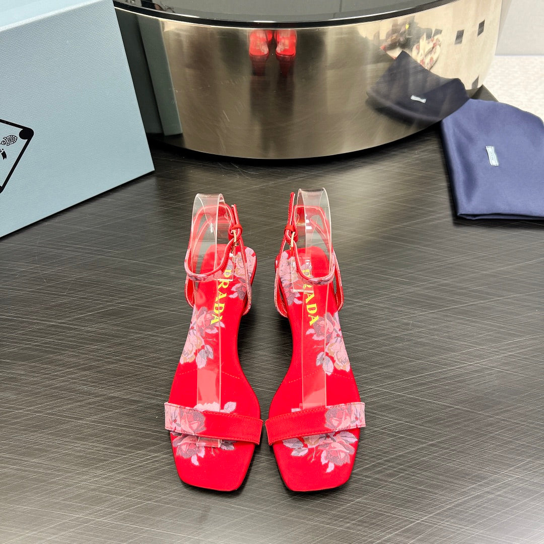 PRA TRIANGLE HEEL FLOWER MOTIF SATIN SANDALS RED - 35