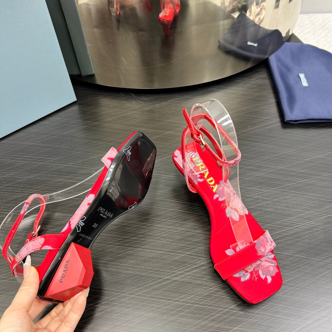 PRA TRIANGLE HEEL FLOWER MOTIF SATIN SANDALS RED - 35