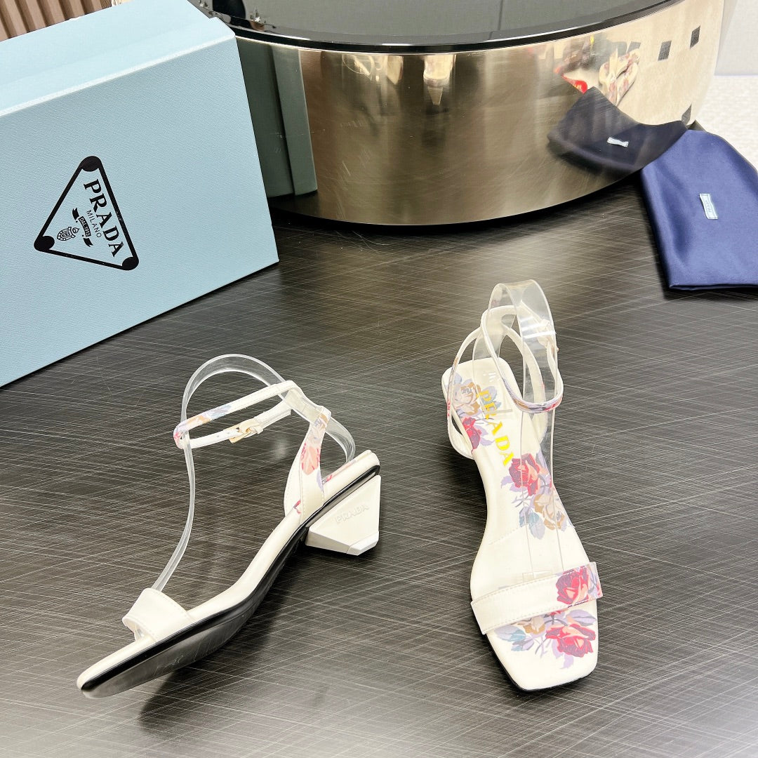 PRA TRIANGLE HEEL FLOWER MOTIF SATIN SANDALS WHITE - 35