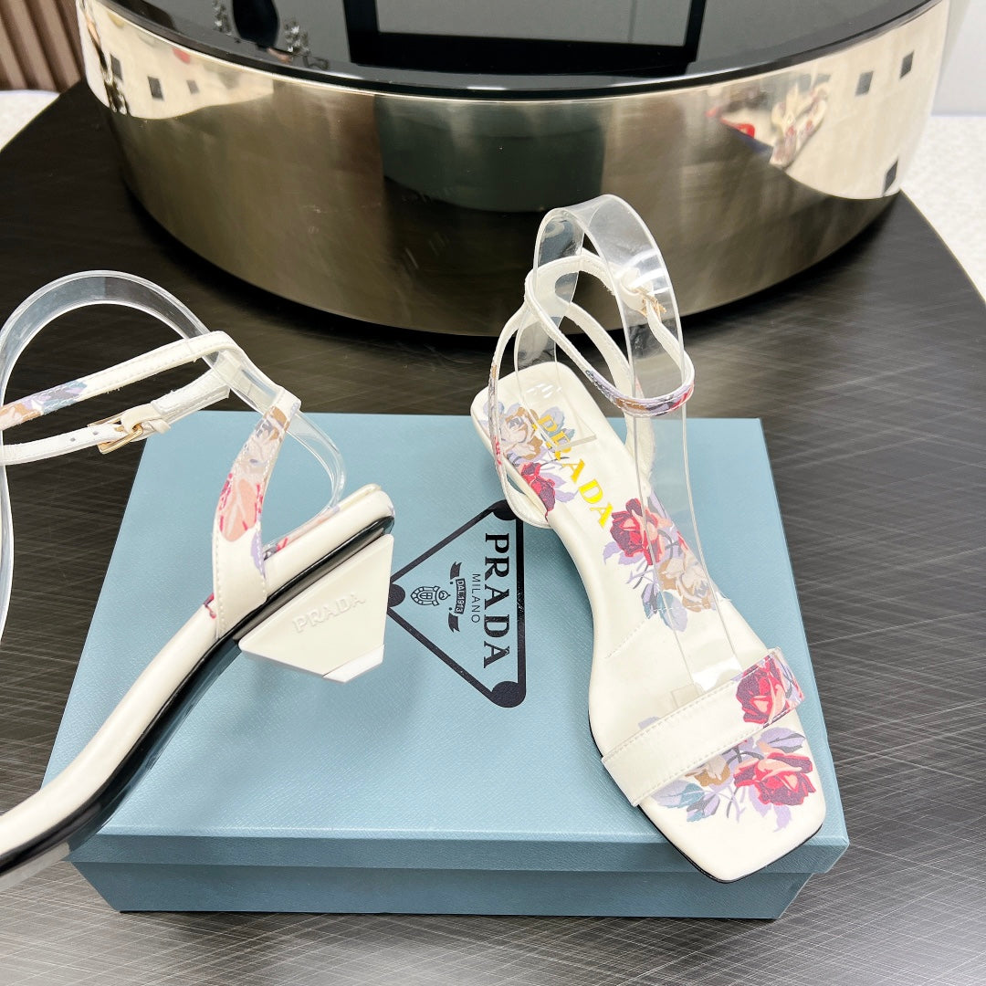PRA TRIANGLE HEEL FLOWER MOTIF SATIN SANDALS WHITE - 35