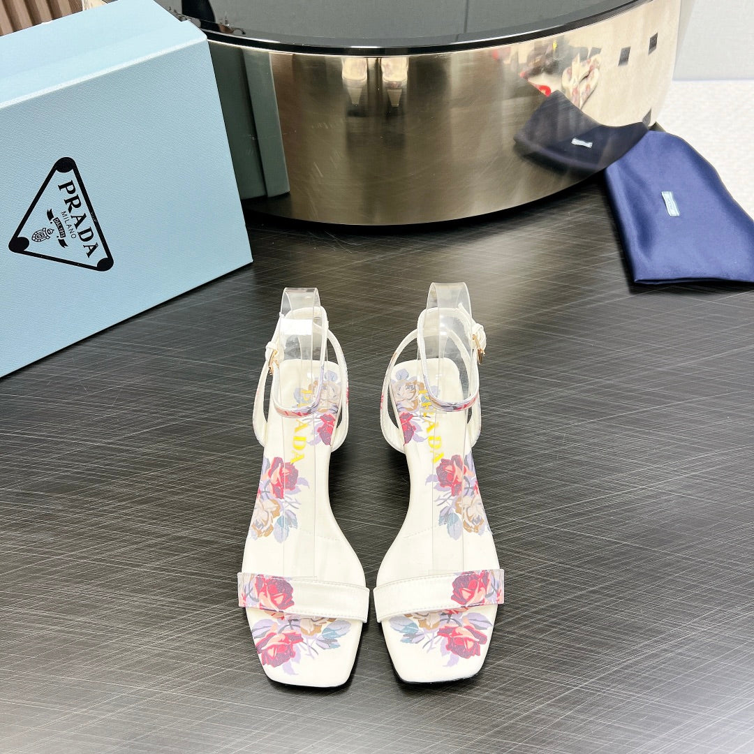 PRA TRIANGLE HEEL FLOWER MOTIF SATIN SANDALS WHITE - 35