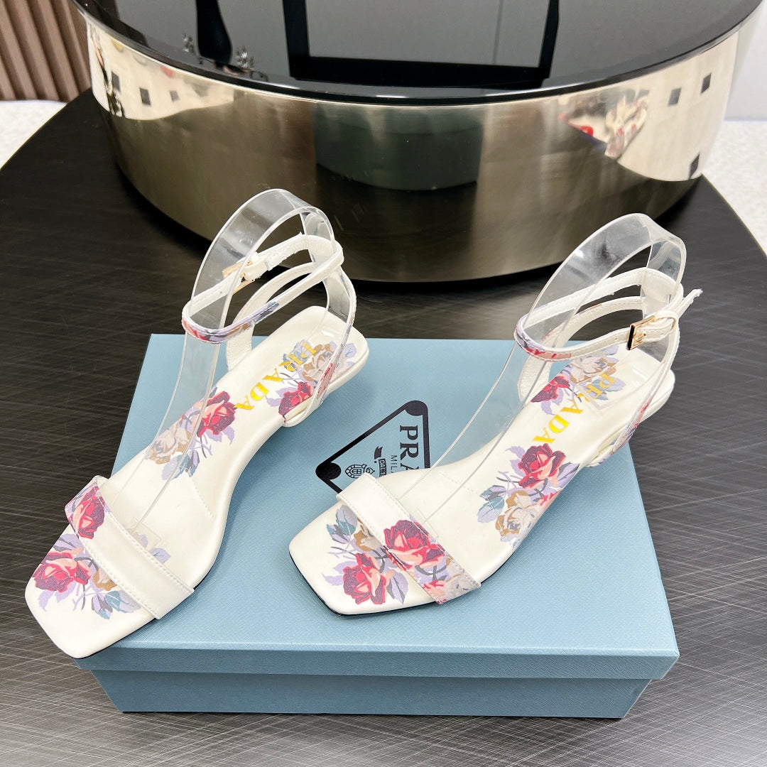 PRA TRIANGLE HEEL FLOWER MOTIF SATIN SANDALS WHITE - 35
