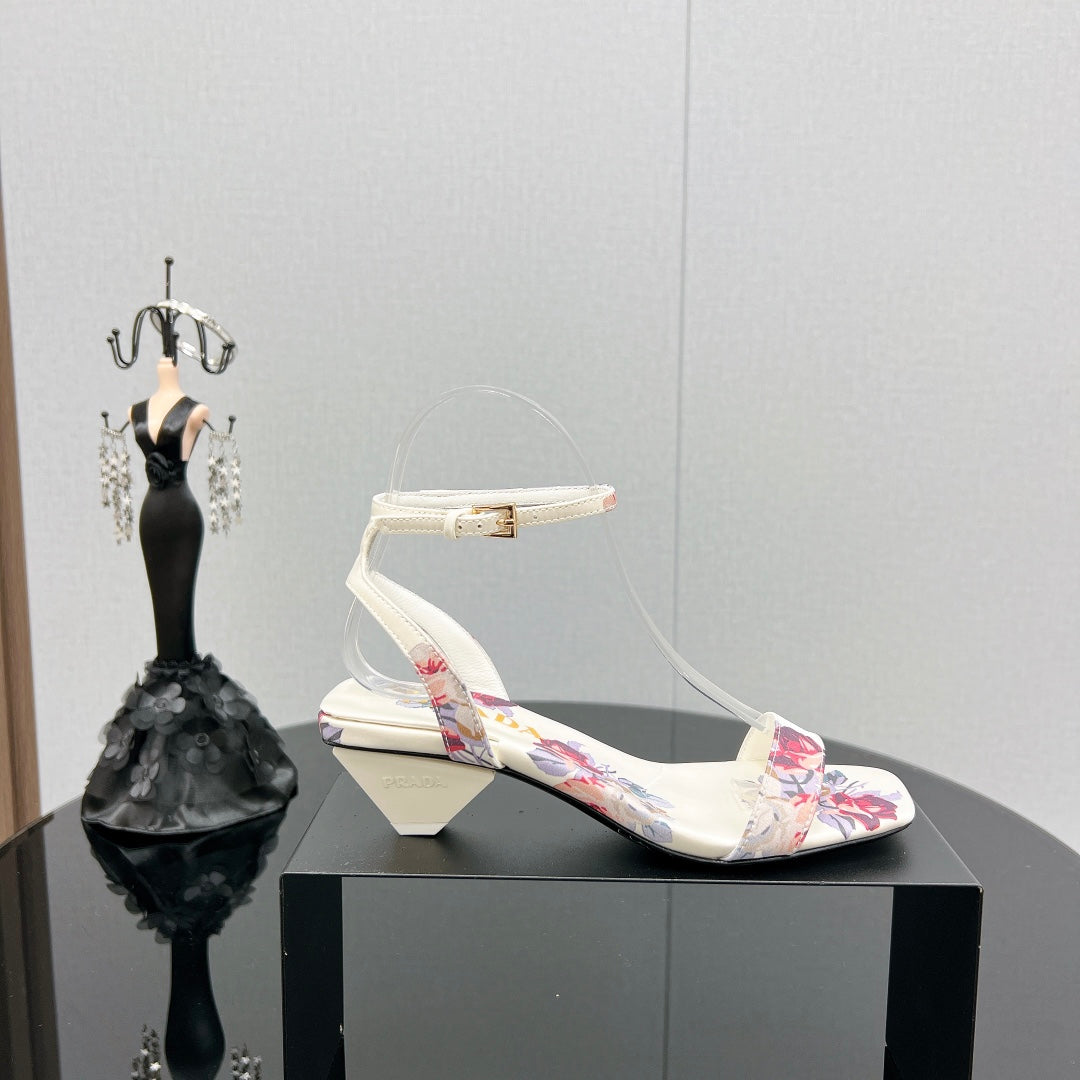 PRA TRIANGLE HEEL FLOWER MOTIF SATIN SANDALS WHITE - 35
