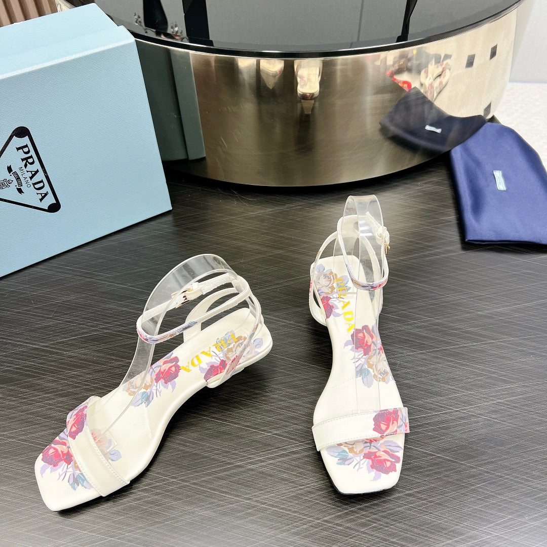 PRA TRIANGLE HEEL FLOWER MOTIF SATIN SANDALS WHITE - 35