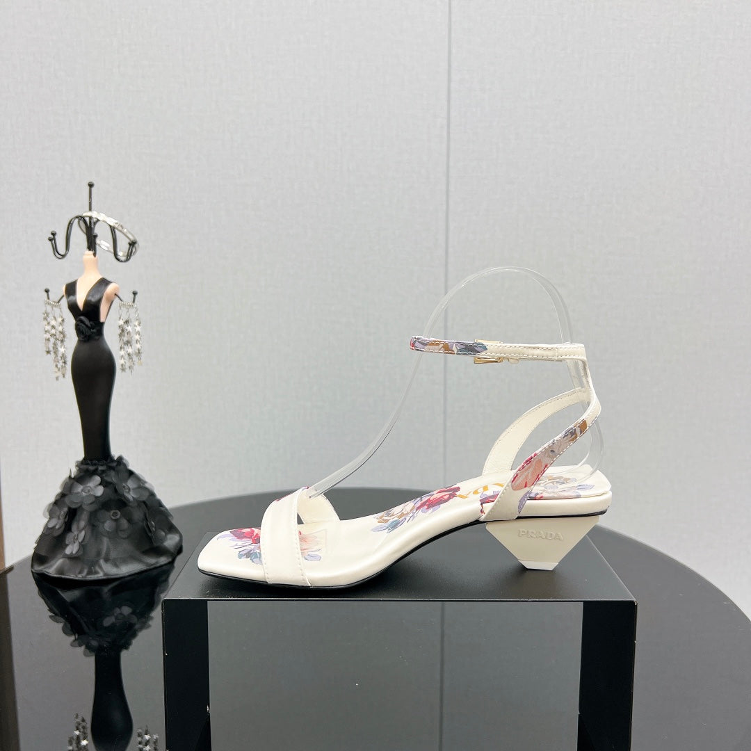 PRA TRIANGLE HEEL FLOWER MOTIF SATIN SANDALS WHITE - 35