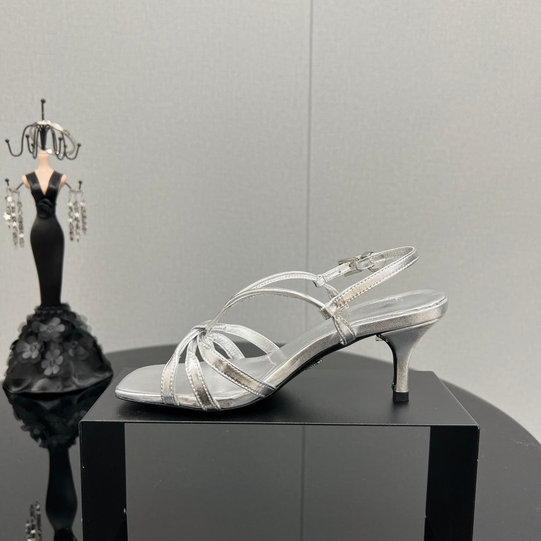 PRA HEELED SANDALS METALLIC SILVER LAMBSKIN - 35