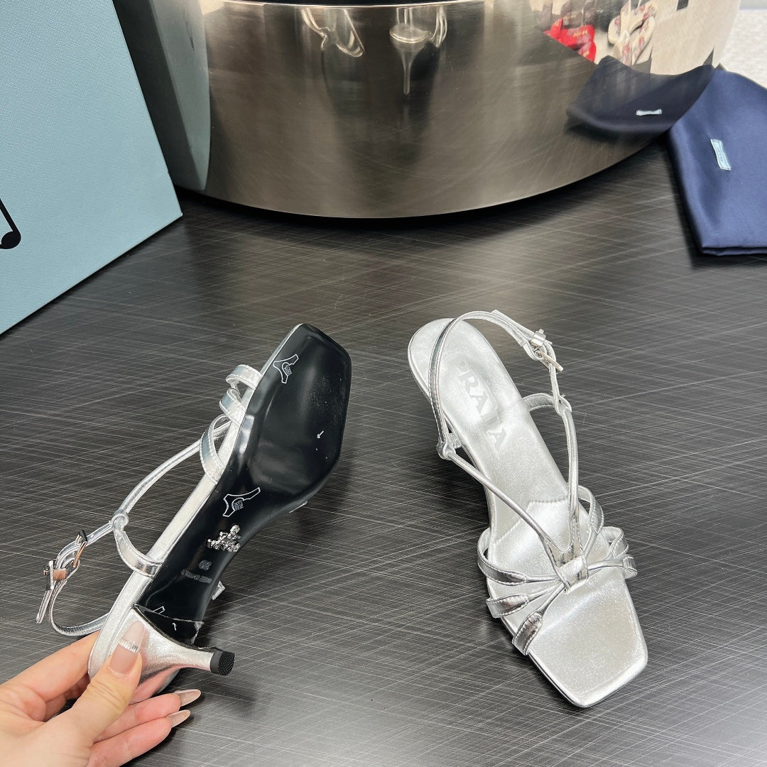 PRA HEELED SANDALS METALLIC SILVER LAMBSKIN - 35